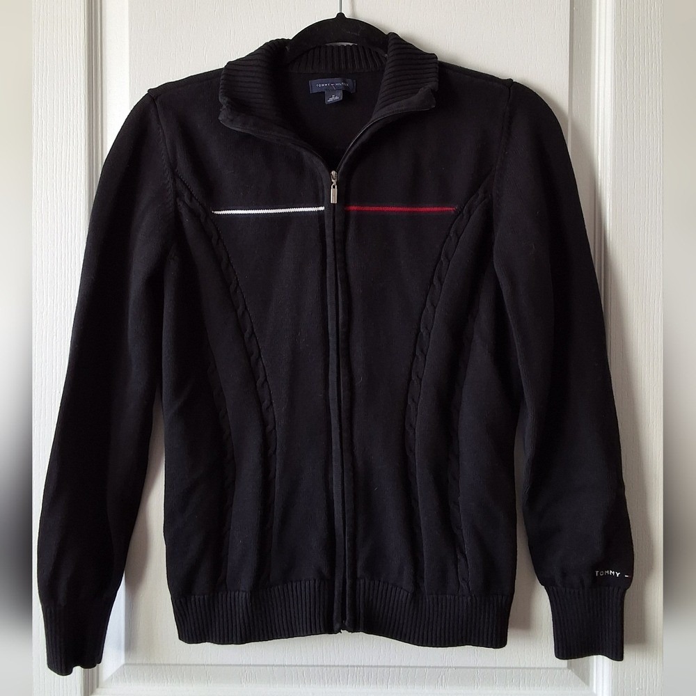 Tommy hilfiger Women M Vintage Zip-Up Sweater Black W/ Navy & Red Stripe Y2K‎